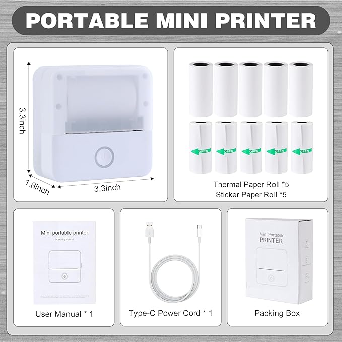 Print Pods Mini Printer, Thermal Inkless Sticker Maker with 10 Rolls Printing Paper, Pocket Printpod for phone, Impresora Portátil for Notes, Flashcards, Journal, DIY, Compatible with iOS & Android