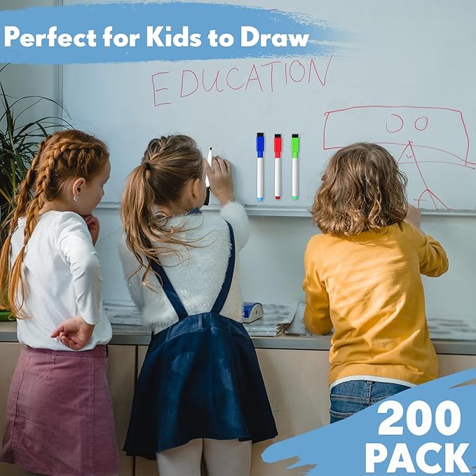 Kosiz 200 Pcs Magnetic Dry Erase Markers Fine Point Tip Whiteboard Markers with Eraser Cap Magnetic Dry Erase Pens Erasable Pens for Whiteboard Dry Boards(Black, Red, Blue, Green)