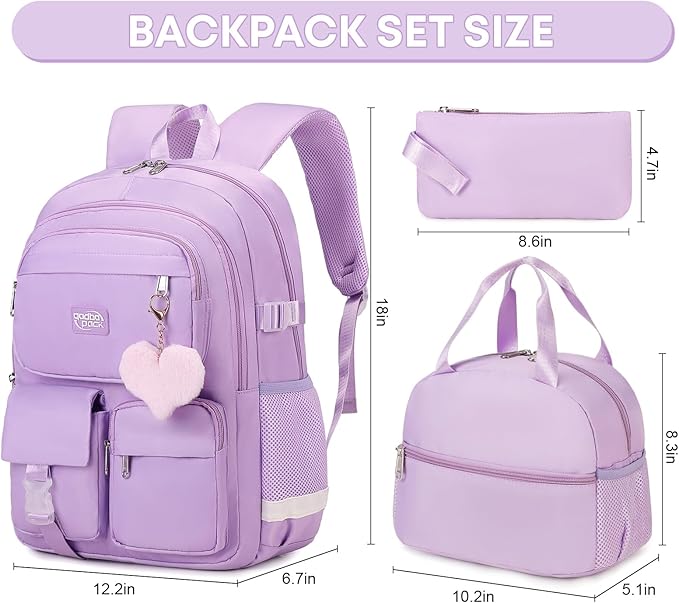 3PCS School Backpack For Student Women College Middle High Teen Girls Bookbag Waterproof Laptop Bag Purple