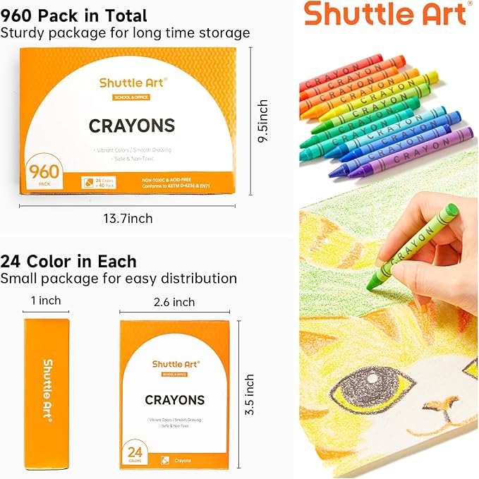 Shuttle Art Crayons Bulk Set - 40 Boxes of 24 Assorted Colors, 960 Count Durable & Non-Toxic Teacher-Quality Crayons, School Supplies bulk For Family Class Party Favors