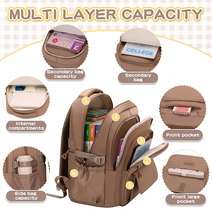 Cute Backpack for School Teen Girls Khaki Bookbag Aesthetic Womens Travel Book Bags for School Kids Student Back Packs