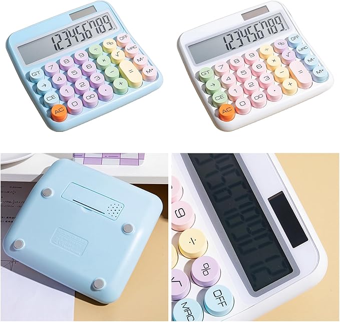 Mechanical Calculator, Cute Calculator for Daily and Basic Office, 12 Digit Display Vintage Typewriter Style Solar Powered Battery Powered White (not inculde Battery)