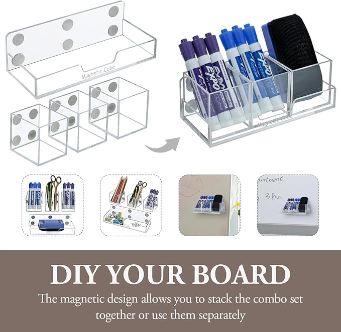 MyGift Premium Clear Acrylic Magnetic Dry Erase Marker Holder And Office Supplies Storage Containers, 4 Piece Set Includes 1 Tray and 3 Cubed Boxes