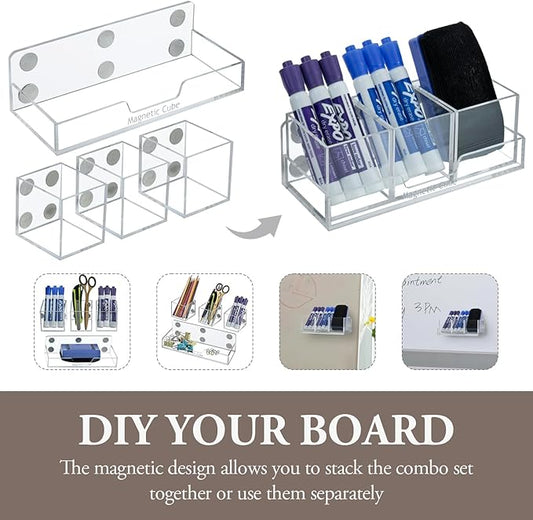 MyGift Premium Clear Acrylic Magnetic Dry Erase Marker Holder And Office Supplies Storage Containers, 4 Piece Set Includes 1 Tray and 3 Cubed Boxes