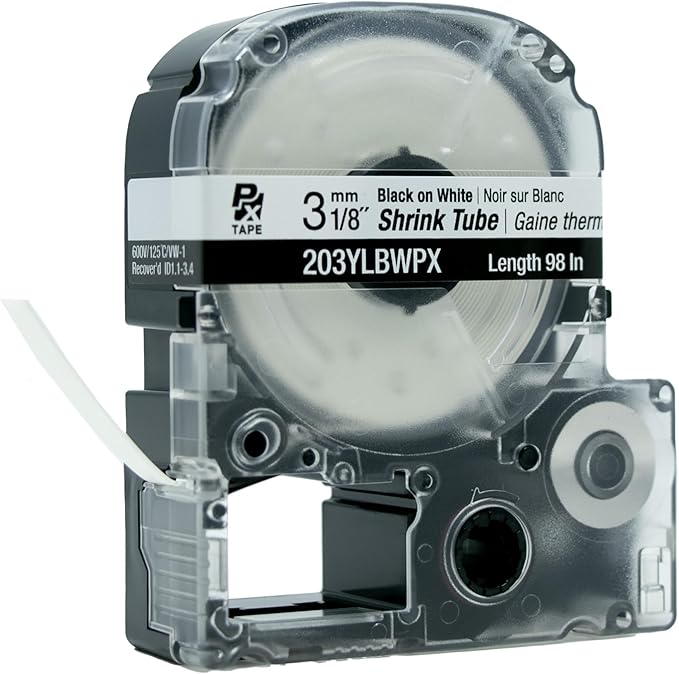 Epson LABELWORKS 203YLBWPX-5PK Genuine Tape Cartridge - 5 Unit Case Pack Black on White Shrink Tube Industrial Label Maker Tape - AWG 16-22, 1/8" (3MM) Wide, 8 ft (98") 5 Pack