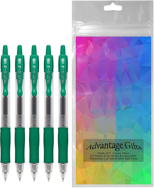 G2 Retractable Premium Gel Ink Roller Ball Pens Extra Fine Point (.5mm) Green Ink 5 pack; Refillable & Premium Comfort Grip Bundle with Plastic Reusable Pouch
