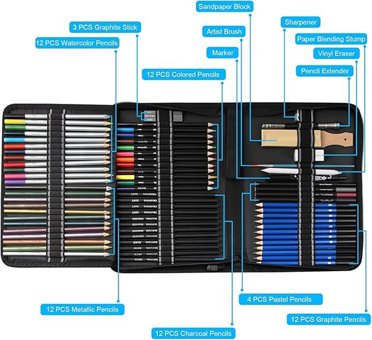Art Supplies Drawing Kit, 74Pcs Drawing Pencils for Sketching - Include Colored, Graphite, Colored, Metallic, Charcoal Pencil, Ideal Gift for Beginners & Professional Artists Teens & Adults
