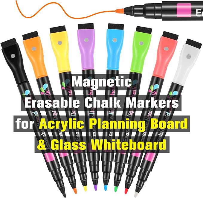 Magnetic Liquid Chalk Markers Wet Erase Markers for Acrylic Calendar Planning Board Clear Glass Writing Board Whiteboard Window/Mirror, 8 Pack, 8 Vibrant Color, 1mm Fine Tip