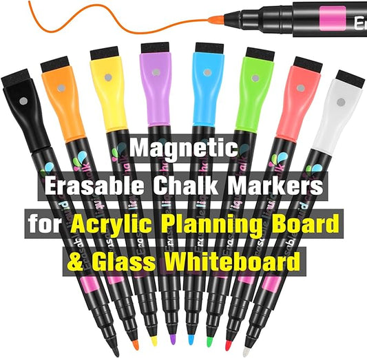 Magnetic Liquid Chalk Markers Wet Erase Markers for Acrylic Calendar Planning Board Clear Glass Writing Board Whiteboard Window/Mirror, 8 Pack, 8 Vibrant Color, 1mm Fine Tip