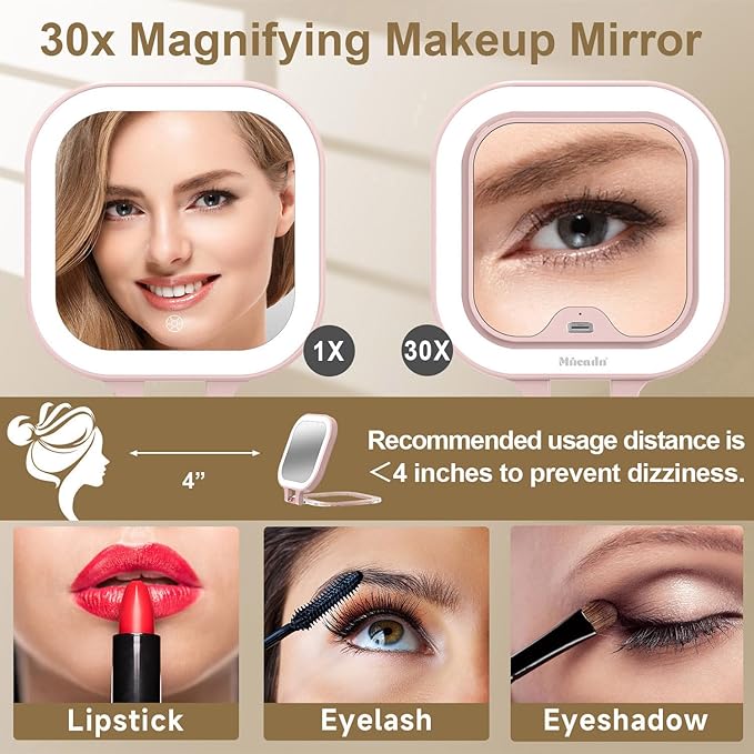 Mocado Compact Travel Makeup Mirror, 1X/30X Magnifying Mirror with Light, Double Sides Compact Mirror with 3 Color Light, Dimmable Handheld Mirror, Rechargeable Travel for Purse,Pocket(Pink)