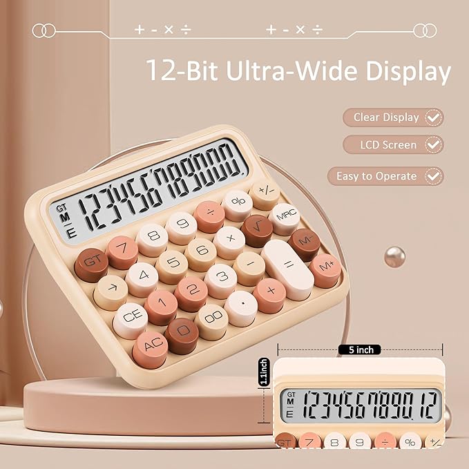 VEWINGL Mechanical Switch Calculator, 12 Digit Large LCD Display and Buttons, Great for Everyday Life and Basic Office Work, with Battery
