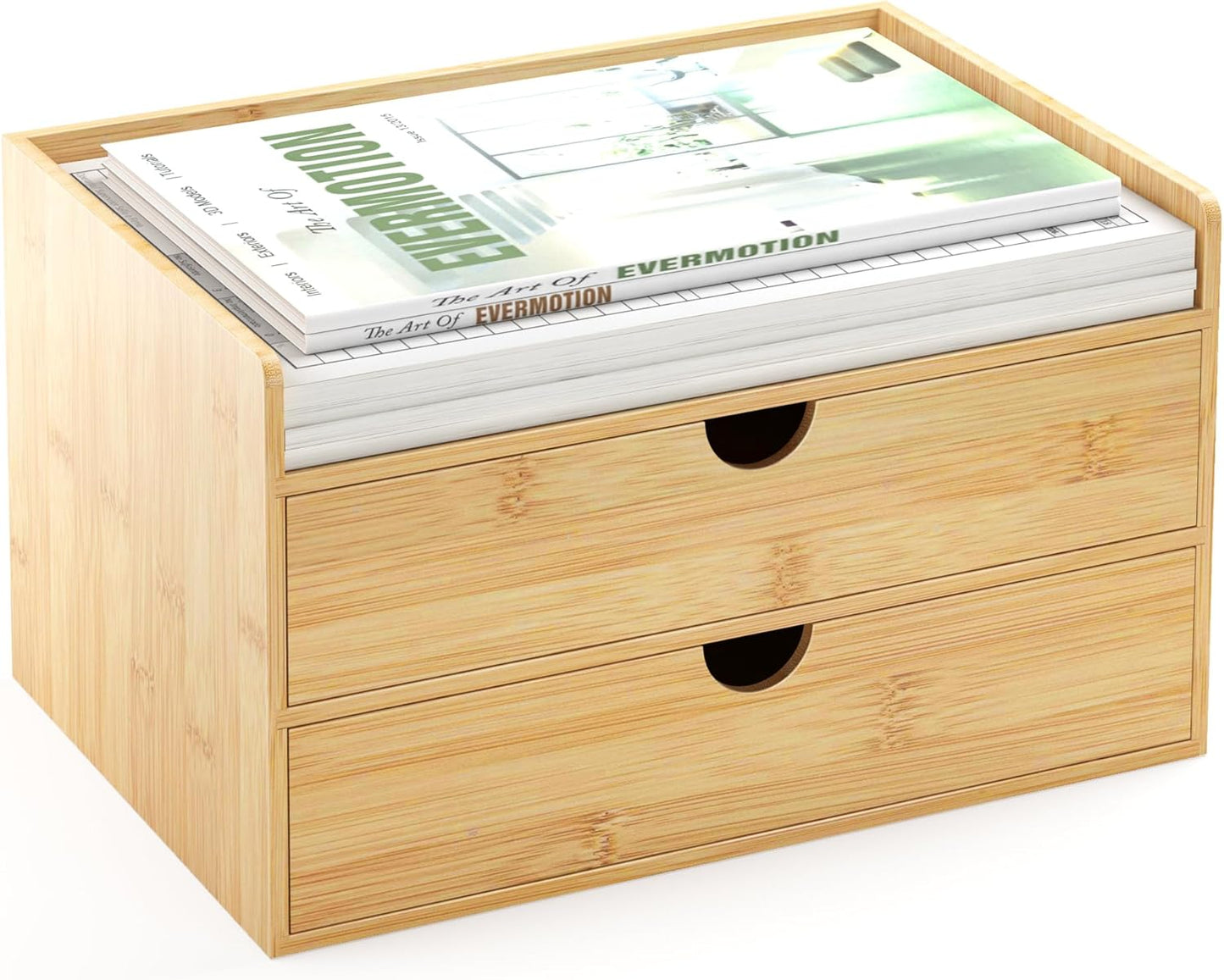 Desk Organizer with Drawers - Bamboo Desktop Organizer Storage | Wood Desk Drawers Organizer for Bills, Office Supplies, Cosmetics, Seals No Assembly Required (2 Drawer)