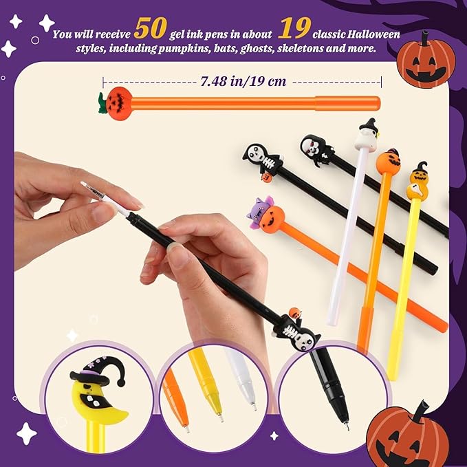 SANNIX 50 Pieces Halloween Pens, Fun Cartoon Gel Ink RollerBall Pens for Kids Gift School Class Birthday Party Supplies Halloween Party Favors Pumpkin Ghost Skull Bat (19 Style)