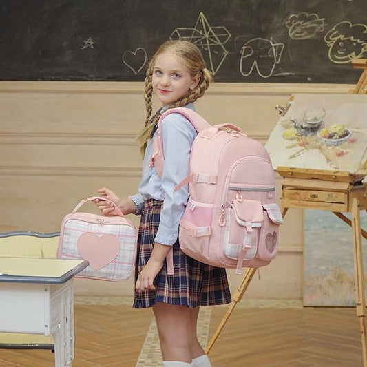 Backpack for Girls - Bookbag Backpacks Schoolbag for Girls Kids Teen Women Casual Travel Daypacks - School Bag Elementary Middle School College Cute Backpack with Lunch Box (Pink)