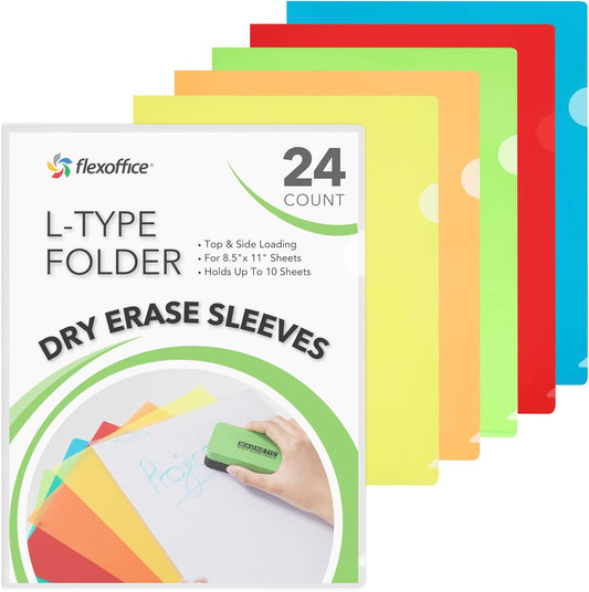 Letter Sized Poly Sleeves - 24 Pack, 6 Assorted Colors, Heavyweight for Sheets 8.5"x11", Project Pockets, Plastic Sleeves for documents Folders with L-Type, Page Protectors, Acid-Free
