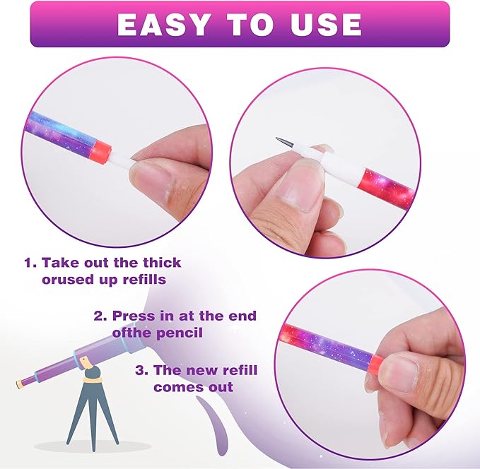 Kolewo4ever Galaxy 48-Piece Multicolor Space Theme Pencils, 0.5mm, Medium Point, Retractable, Non-Sharpening, Comfort Grip, Perfect for School, Home, Office, Gifting, Party Favors