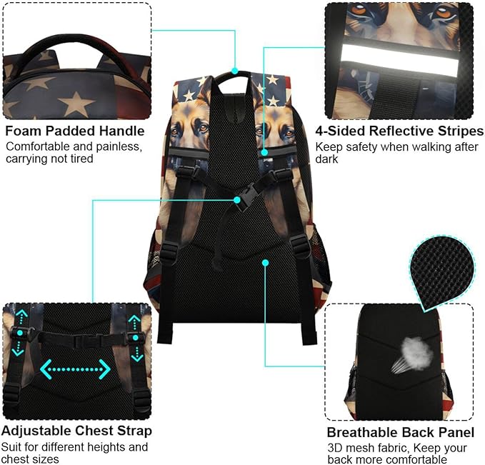 Dog German Shepherd Backpack for Boys Girls American Flag Elementary School Bag Kids Bookbag Travel Rucksack