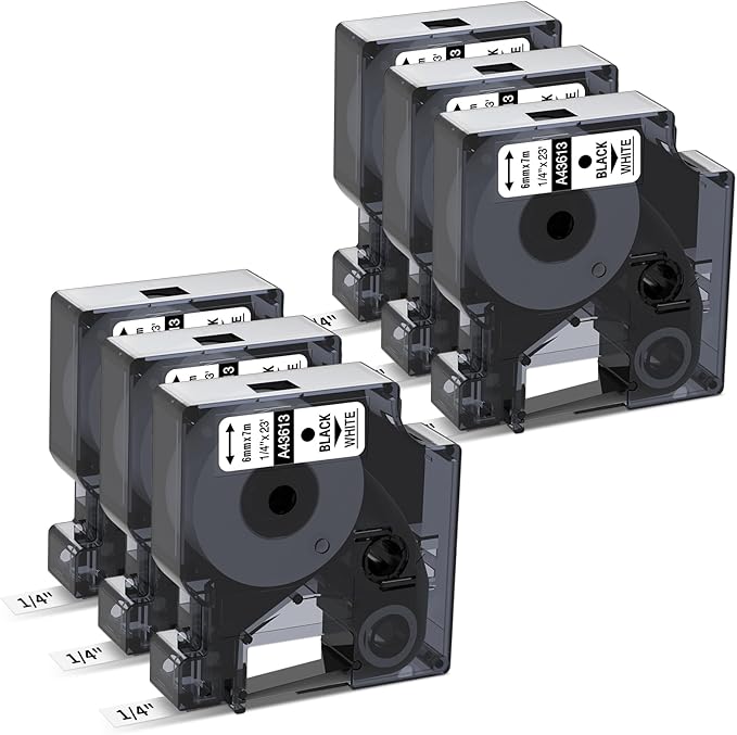 6-Pack Compatible Dymo 1/4 Inch 43613 D1 Label Tape Black on White 6mm Label Maker Refills S0720780 for DYMO LabelManager 160 280 360D 420P 450, 1/4 in x 23 Ft