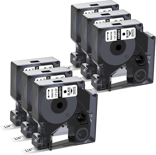6-Pack Compatible Dymo 1/4 Inch 43613 D1 Label Tape Black on White 6mm Label Maker Refills S0720780 for DYMO LabelManager 160 280 360D 420P 450, 1/4 in x 23 Ft