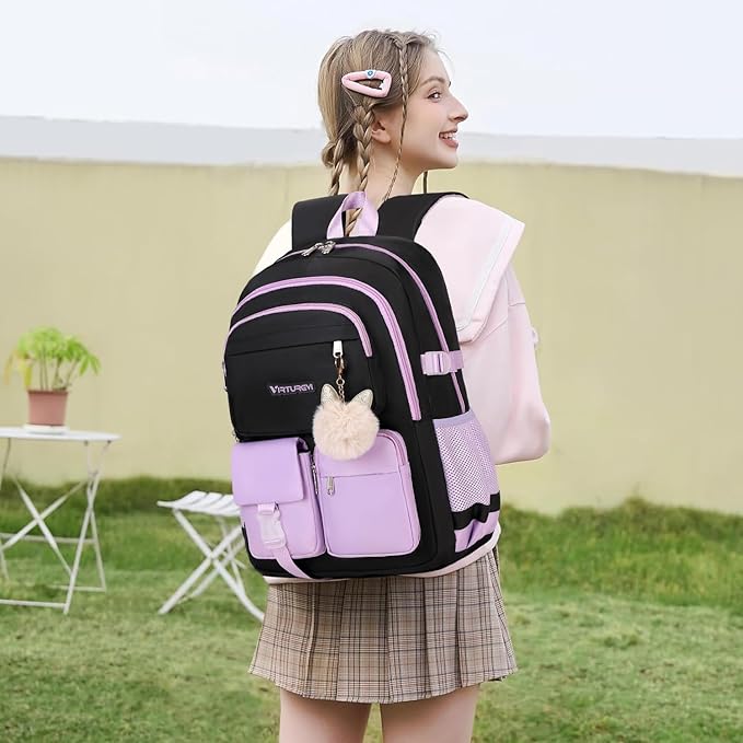 3PCS School Backpack For Student Women College Middle High Teen Girls Bookbag Waterproof Laptop Bag Black Purple