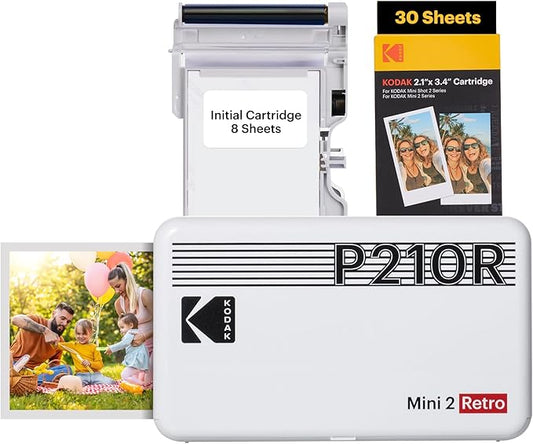 Kodak Mini 2 Retro 4PASS Portable Photo Printer, 2.1x3.4 inches, 38 Sheets Bundle, White