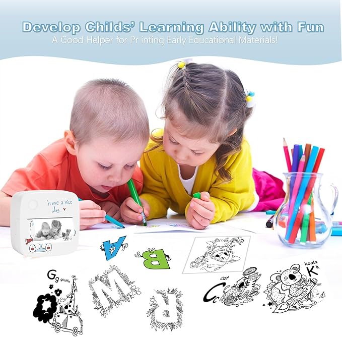 Mini Sticker Printer, Portable Thermal Inkless Sticker Maker with 8 Rolls Coloed Paper & 12 Pens, Wireless Thermarote Printers for Travel, Photos,Study Notes, Scrapbook, Journal, Memo (Blue)