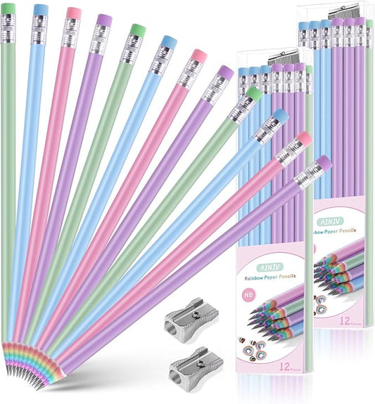 24PCS Eco-friendly Wood & Plastic Free Recycled Rainbow Paper Pencils #2 HB Pencils Number 2 Pencils Erasers Toppers with 2 Pencil Sharpener, Macaron Colored Pencils for School Office Supplies