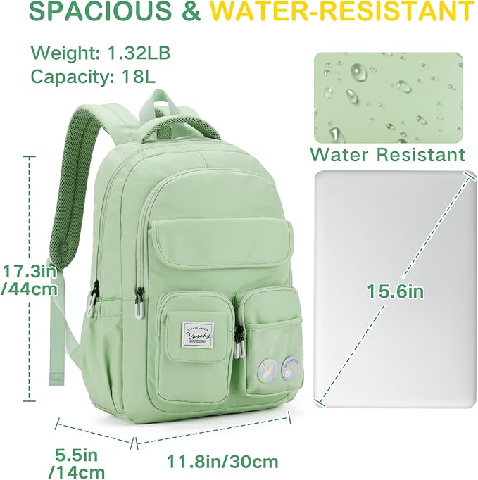 VASCHY Backpack for Girls, Cute School Bag Bookbag for Elementary Middle Schooler Teen Girls/Kids Travel with Clear Pin Pouch Green