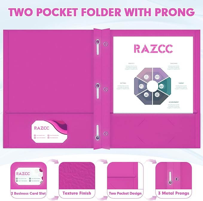 Two Pocket Folders, RAZCC 50 Pack Two Pocket Folders with Prongs, 3 Prong Folders Fit Letter Size Paper, Pocket File Folders for School Office Home Business, Rose Purple