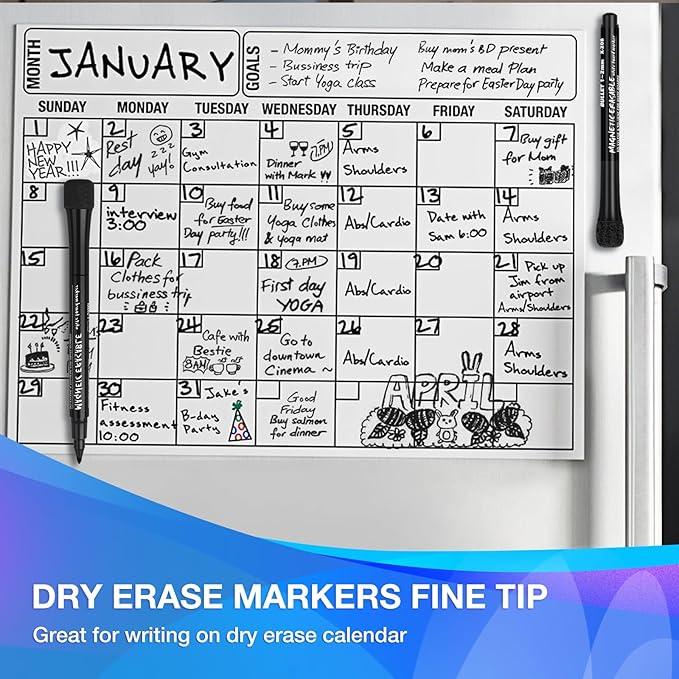 Magnetic Dry Erase Markers Fine Tip Black : 12 White Board Dry Erase Markers with Eraser Cap, Low Odor Erasable Fine Point Markers for Kids & Teachers, Home, Office and School Supplies