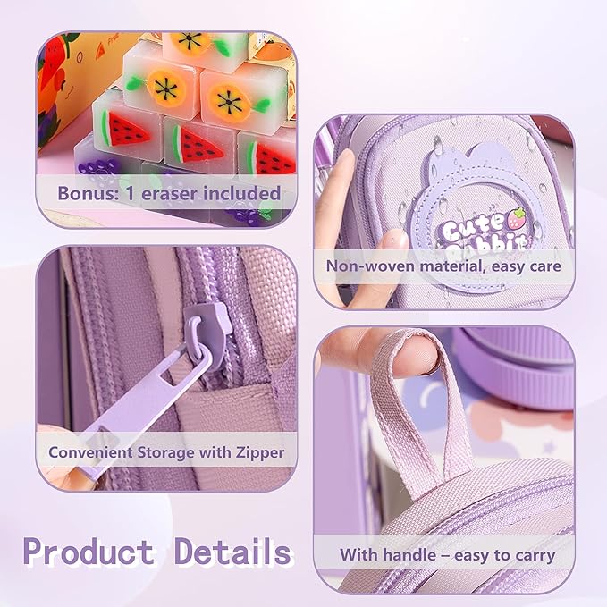 Pink Cute Pencil Case for Girls Boys & Women Large Zippered Pen Pouch Organizer with Aesthetic Design Kids School Supplies canvas Marker Bag Travel Stationery Box back to school gift (purplr)