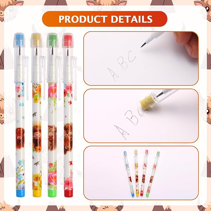 Kolewo4ever 48pcs HB Highland Cow Pencils Kawaii Cute Multipoint Pencil Push Translucent Non Sharpening Stackable Pencils Pop Up Plastic Pencil for Classroom Rewards Carnival Prizes