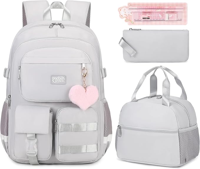 3PCS Student Backpack For School Women College Middle High Teen Girls Bookbag Waterproof Laptop Bag Grey