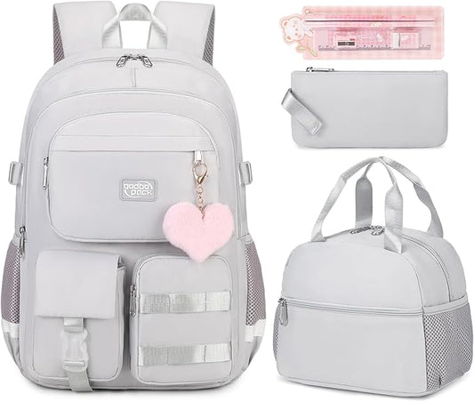 3PCS Student Backpack For School Women College Middle High Teen Girls Bookbag Waterproof Laptop Bag Grey