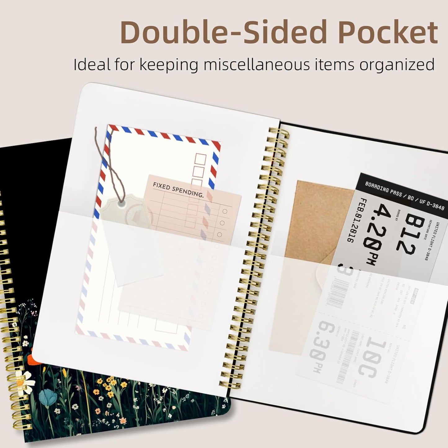 Cute Spiral Notebook journal B5 Aesthetic Pretty Design for Women Girls Kawaii with Pocket, 10 x 7.2 inch, Lined, Black Flower