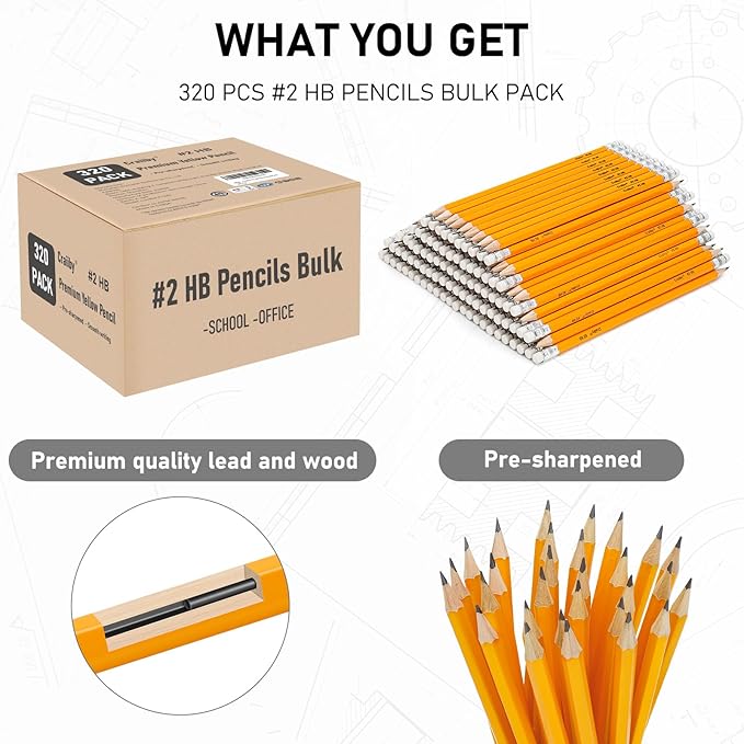320 Pcs Wood-Cased #2 HB Pencils, Yellow, Pre-sharpened, Bulk Pack
