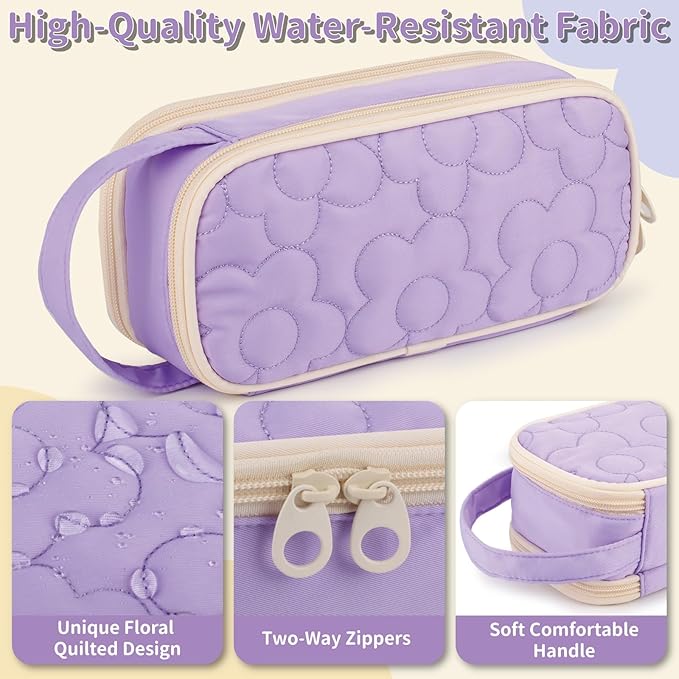 Pencil Case For Girls,Flower Quilted Large Capacity Pencil Pouch With 2 Compartment, Zipper Pencil Bag With Handle, Women Soft Pencil Box For Middle School Office College