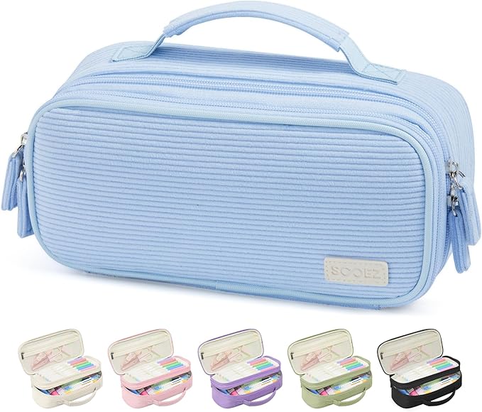 Sooez Large Pencil Case Pouch, Soft Corduroy Pencil Bag with Handle, Cute Pen Case, 5 Compartments, Wide Opening Pen Pouch Organizer with Zipper, Aesthetic School Supplies for Girls Women, Blue