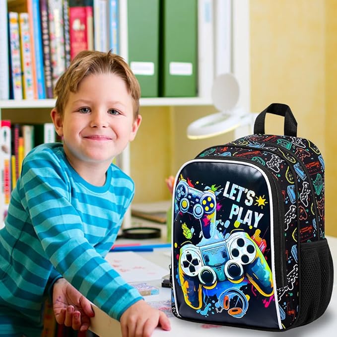 KLFVB Boys Toddler Game Backpack, Water Resistant Kindergarten Bookbag, 13" Preschool Backpacks for Toddler - Game Black