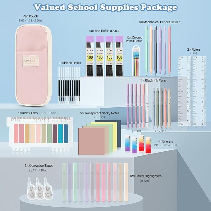 MoKo 60Pcs Aesthetic School Supplies with Cute Pencil Case,12 Pastel Highlighters,5 Black Ink Gel Pens,6 Mechanical Pencil Set 0.5 & 0.7 mm for Students Stationary College Essentials