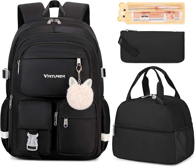 3PCS School Backpack For Student Women College Middle High Teen Girls Bookbag Waterproof Laptop Bag Black