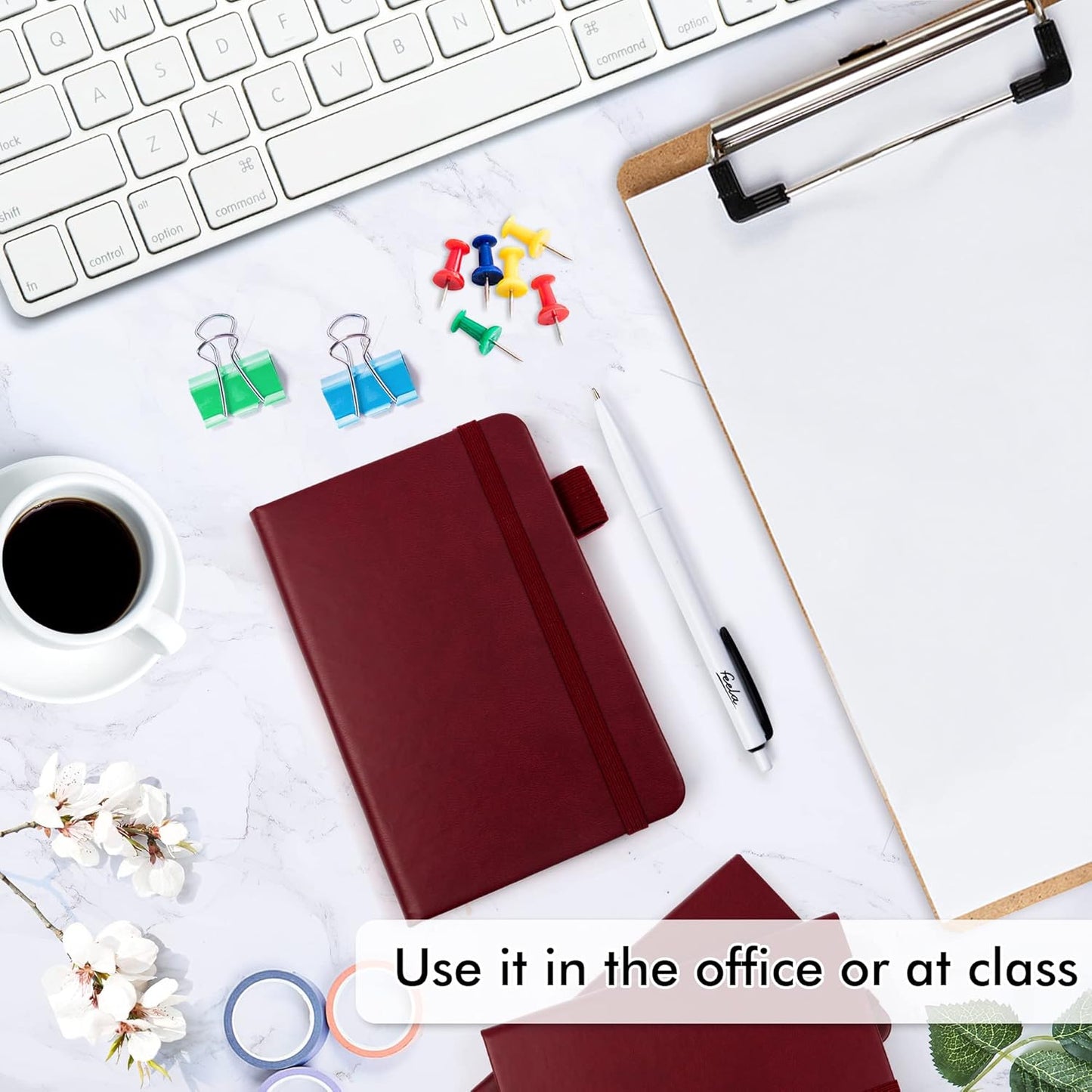 feela 3 Pack Pocket Notebook Journals with 3 Black Pens, A6 Mini Cute Small Journal Notebook Bulk Hardcover College Ruled Notepad with Pen Holder for Office School Supplies, 3.5”x 5.5”, Wine