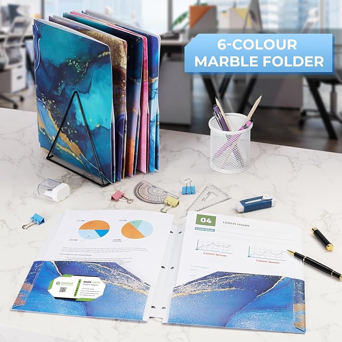6 Pack Marble Design File Folders with Pockets - Plastic Folder with 2 Pockets & a Business Card Holder, Durable File Folders for Documents, School, Office & Home (Folder with Pockets)