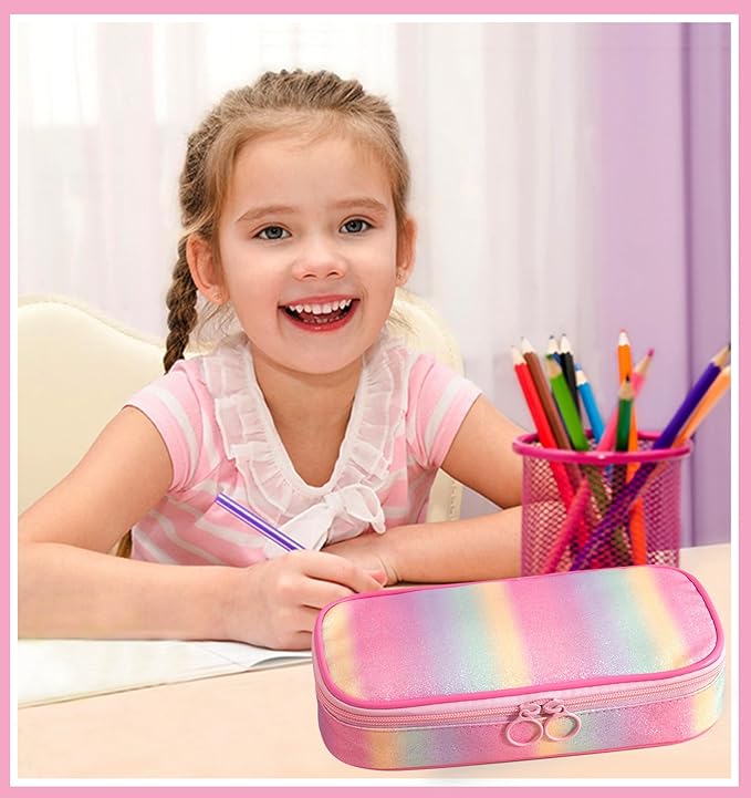 Glitter Rainbow Pencil Case for Girls, Large Capacity Pencil Pouch Pen Bag Organizer with 3 Compartments for Kids Student School Office Supplies, Cute Pencil Holder Pen Box (Glitter Rainbow)