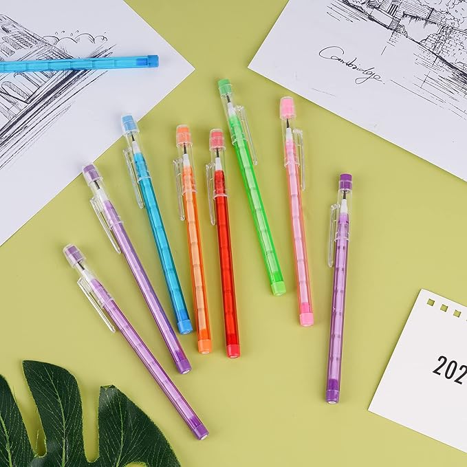 Kolewo4ever 36pcs HB Translucent Pencil Multipoint Pencil Multicolor Non Sharpening Stackable Pencils Pop Up Plastic Pencil with Eraser Top for Kids, Students, Teachers, Office Staff