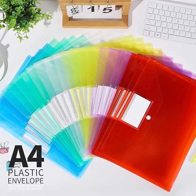 LEOBRO Plastic File Folders with Pocket, 24PCS Plastic Envelopes with Snap Closure, Folders for Documents, Reusable File Bags, A4 Size