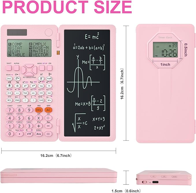 Scientific Calculators, Rudnia Pink Calculator with Alarm Clock, 417 Functions and Type-C Rechargeable, Ideal for Middle High School Students and Teachers (Pink)