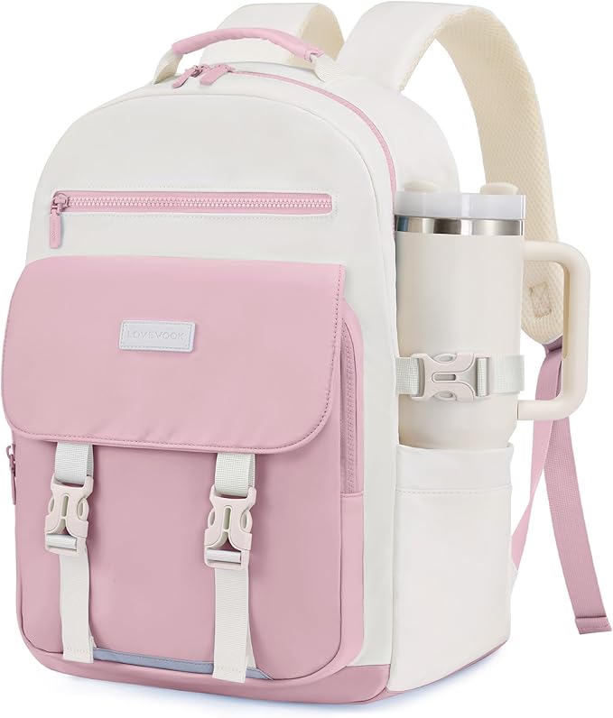 LOVEVOOK School Backpack for Teen Girls，Casual School Backpack 14-18 Teenage 15.6 Inch Laptop Bookbag, Cute Big Student Laptop Backpack for College Women Middle High School Travel Daypack，Pink