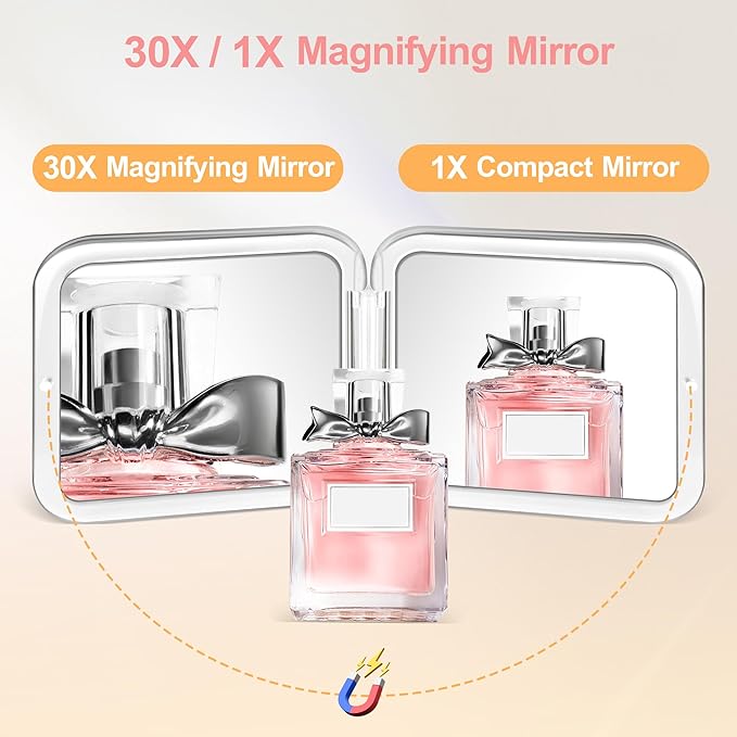 MIYADIVA Compact Mirror, 30X Magnifying Mirror, Pocket Mirror for Purse, Travel Makeup Mirror with 30X/1X Magnification, Travel Essentials Mirror, Precision Tweezers, for Women (Rose Gold)
