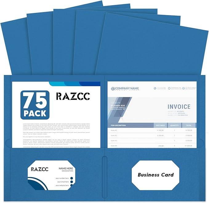 Two Pocket Folders, RAZCC 75 Pack 2 Pocket Folders Fit Letter Size Paper, Paper Folders with Pockets for School Office Business Home, Navy Blue